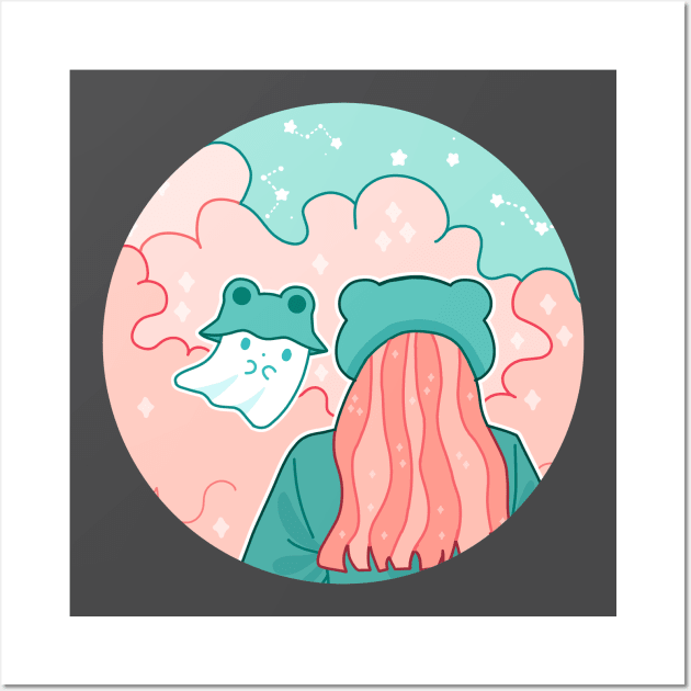 A ghost and a girl with froggy hats look at each other under the moonlight Wall Art by inkcapella